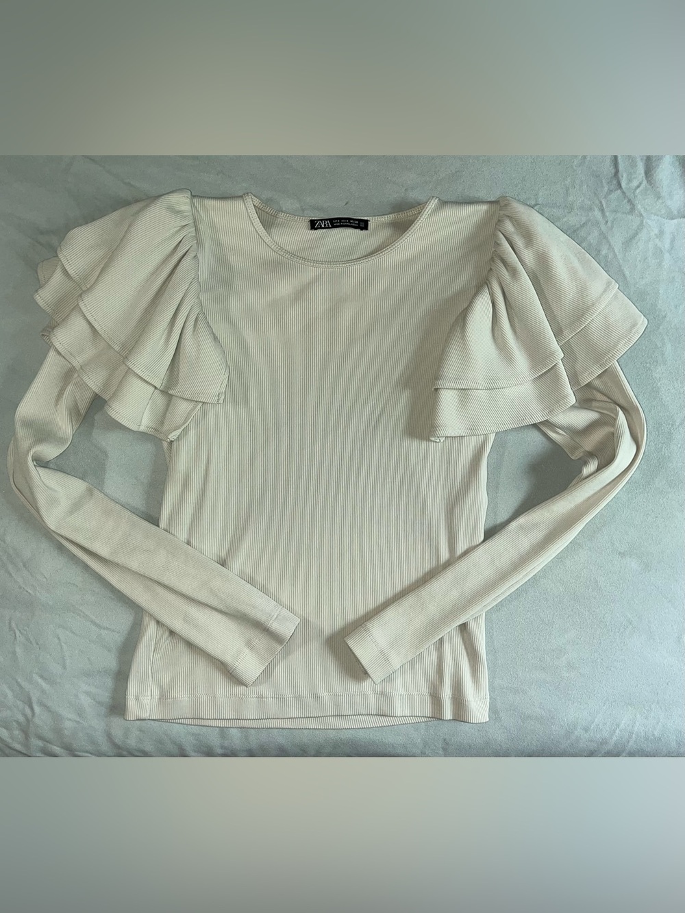 Zara Cream Ribbed Long Sleeve Top with Layered Ruffle Sleeves